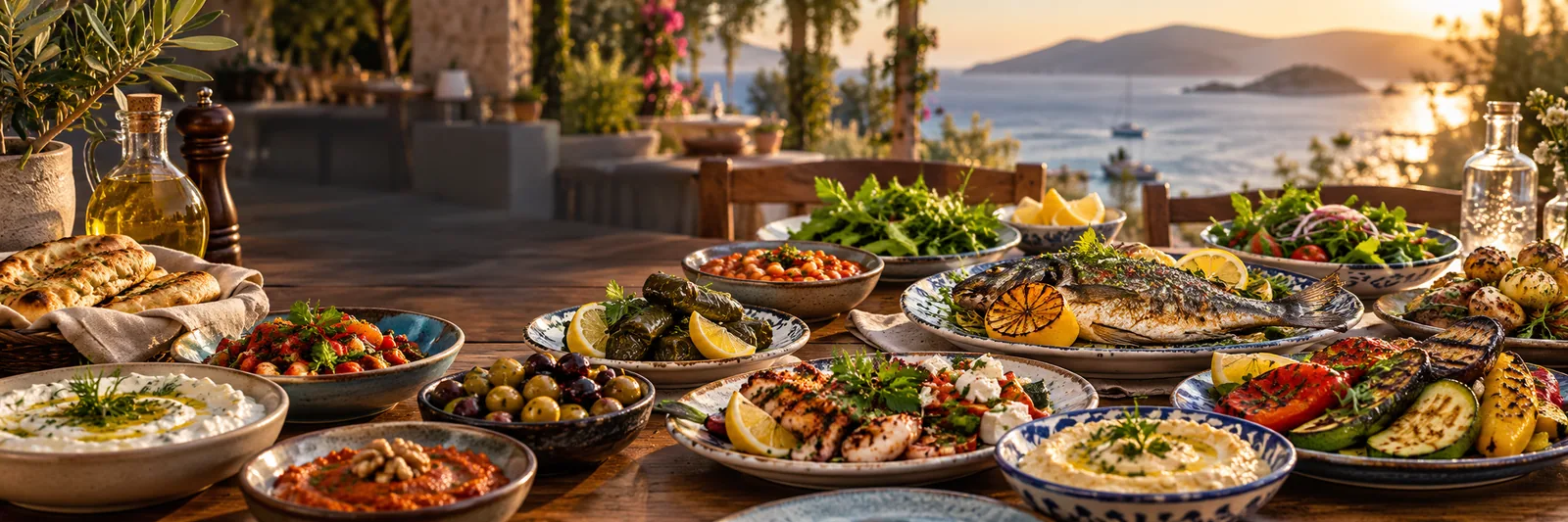 Deniz manzarası eşliğinde restoran sofrası